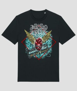 Junkyard drive electric love tshirt front